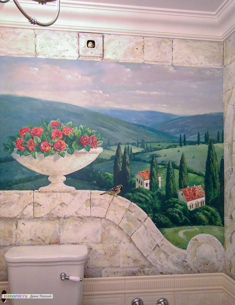 роспись стен ванной комнаты с видом на пейзаж