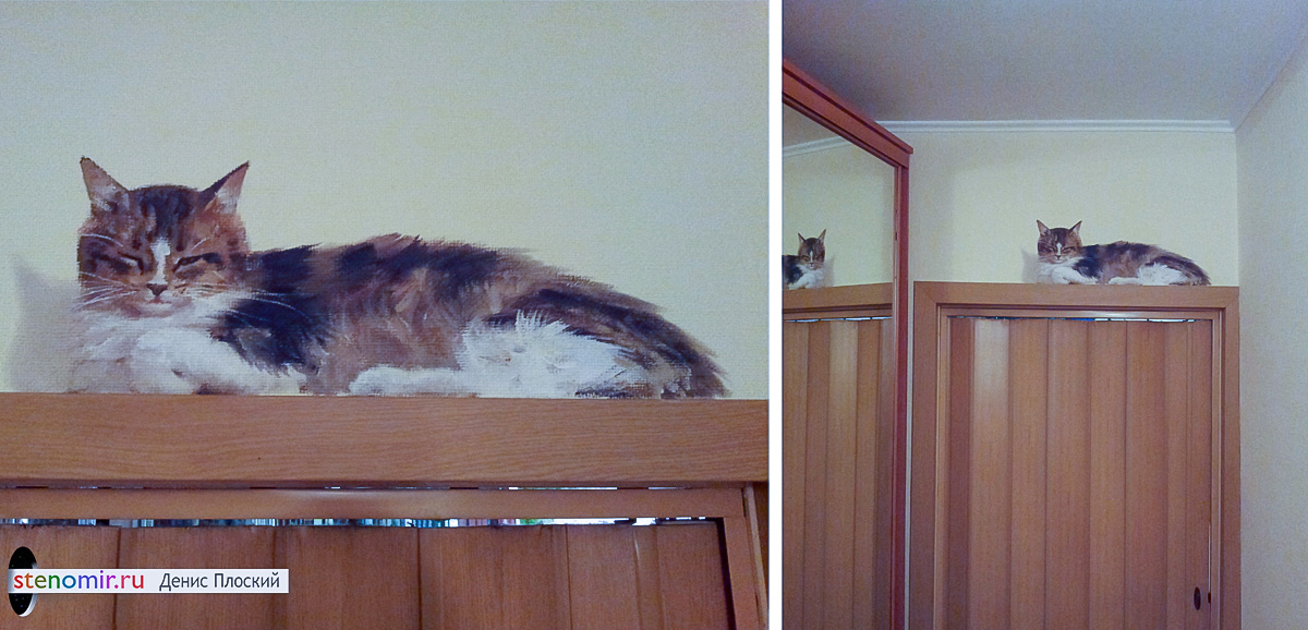 рисунок кошки на обоях над дверью