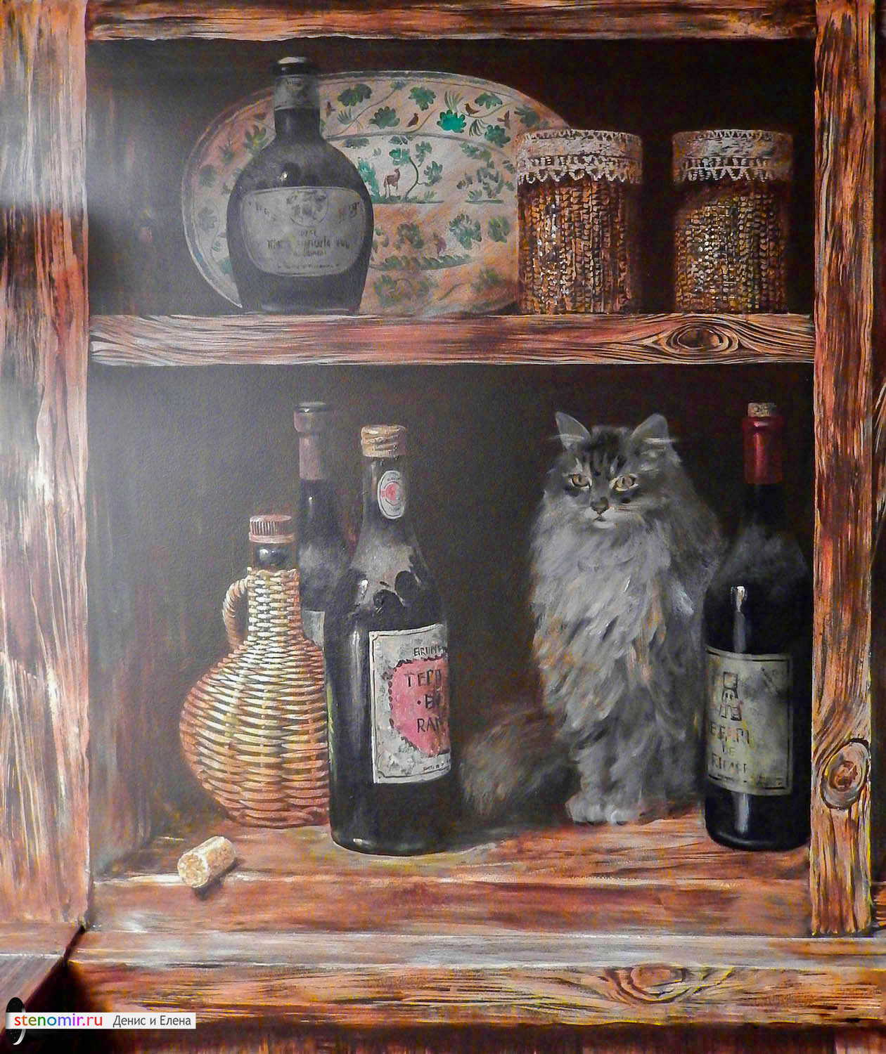 рисунки на стенах кухни с кошками, бутылками, фруктами