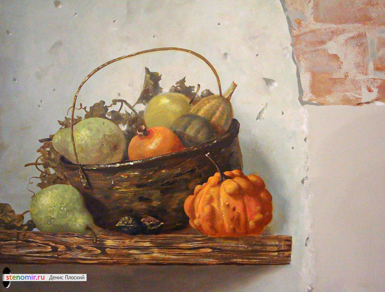 нарисованная корзина с фруктами акриловыми красками на стене