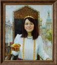 Портрет девушки в кресле на фоне Петербурга