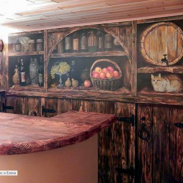 Роспись стен кухни с вином и кошками